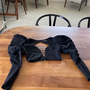 AKIRA black poof sleeve crop top with lace up detail